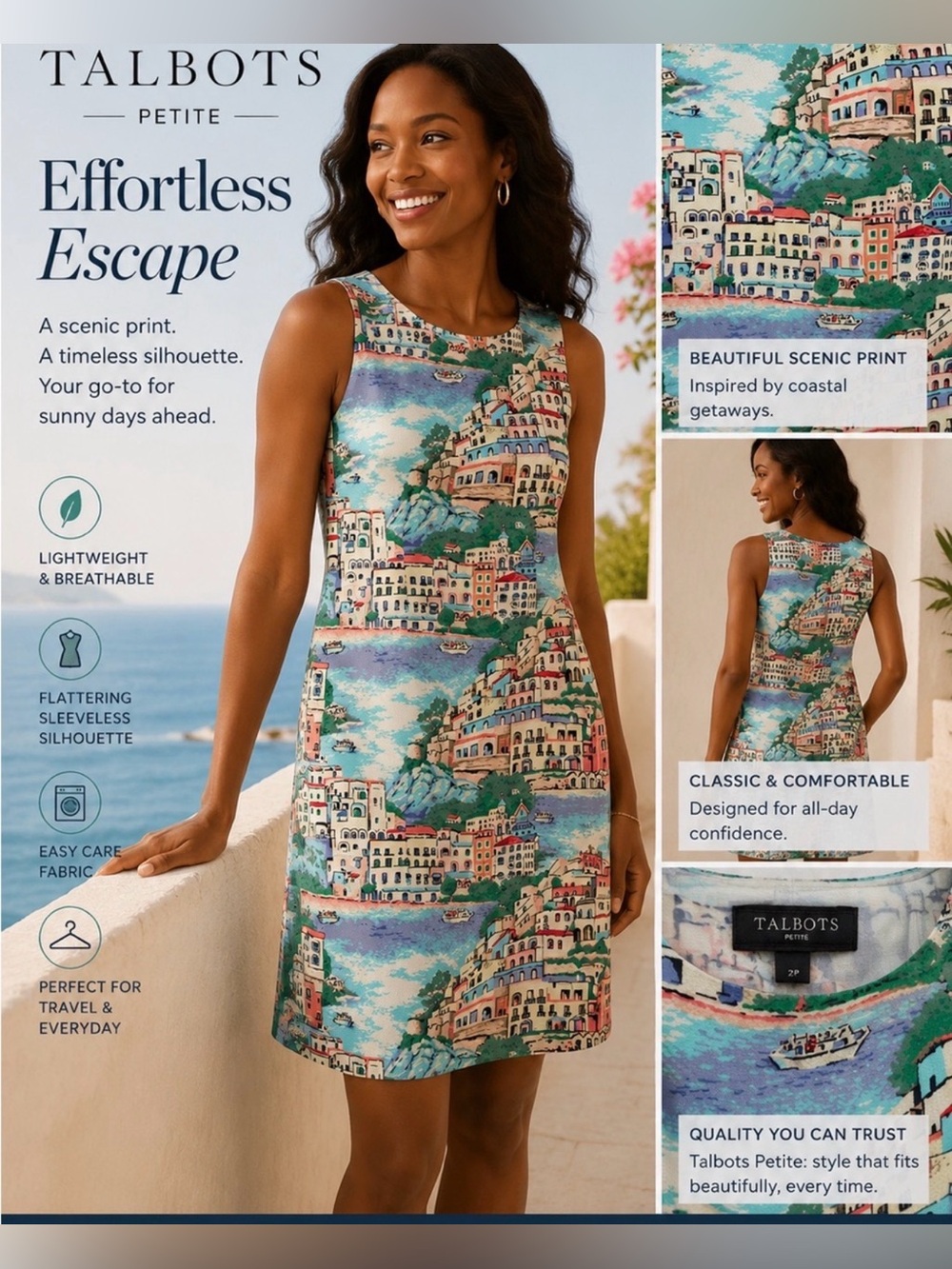 Talbots Petite Coastal Scenic Print Sleeveless Dress - Blue, Green, Pink